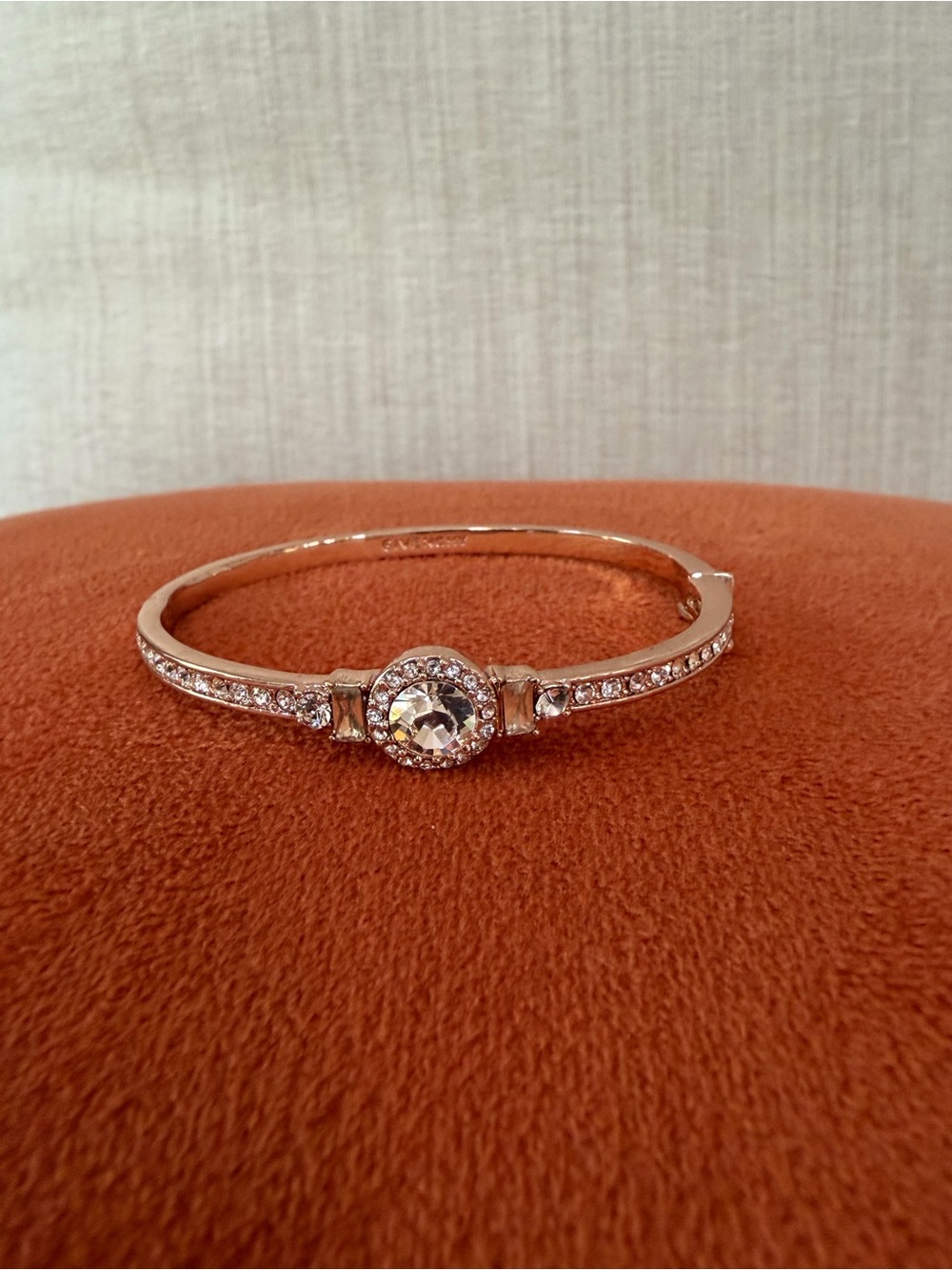 Vintage GIVENCHY Bangle Bracelet Hinged Pink Crystal Rhinestone Rose Gold Tone